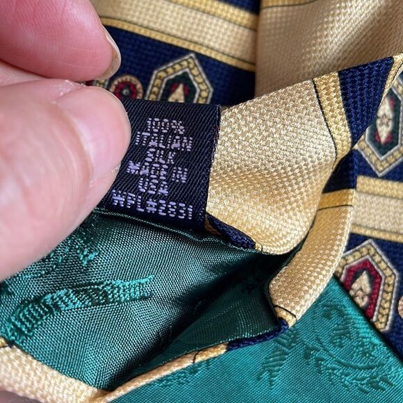 Vtg 90s Tommy Hilfiger yellow & navy blue paisley striped silk tie - Picture 6 of 6